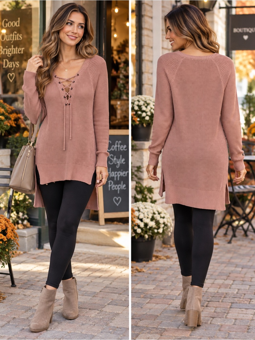 Forever 21 - Women’s Lace-Up V-Neck Knit Dress - Dusty Rose